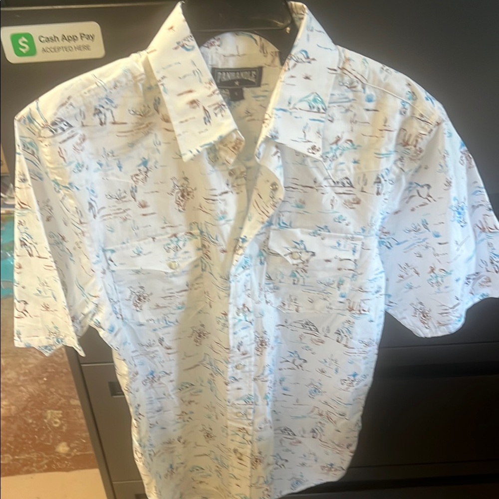 Casual White and Blue Button Down Shirt with Floral Design
